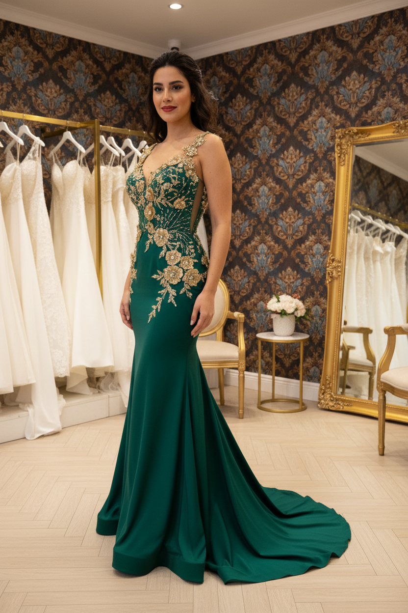NIL-NS-245 Emerald Green Gold Crystal Mermaid Engagement Dress - Front View