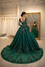 NIL-NS-003 Emerald Green Gold Crystal A-Line Engagement Dress - Back View
