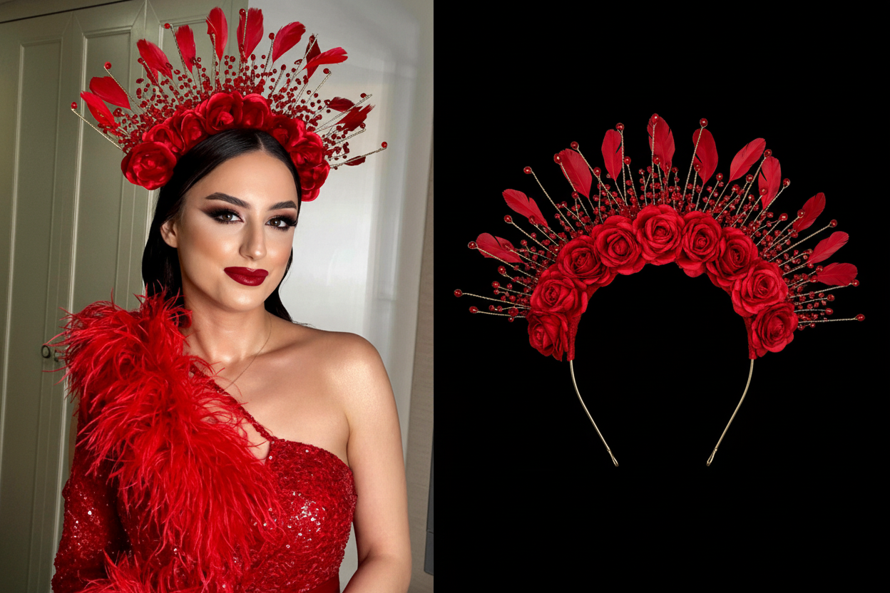 Red rose كريستال party crown collage - model و product