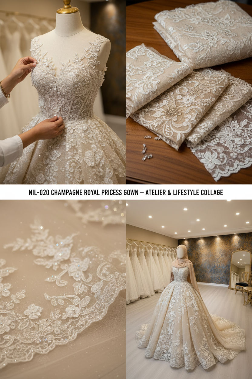 NIL-020 Champagner Königlich Prinzessinnen-Ballkleid atelier lifestyle collage by NIL Brautkleid