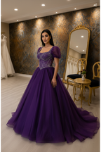NIL-NS-256 Deep Purple Amethyst Crystal Princess Ball Gown Engagement Dress - Front View