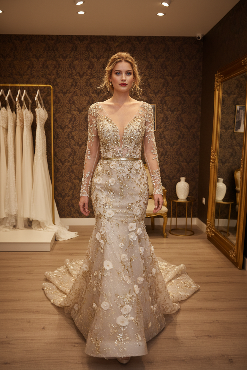 G21-NS-237 Gold Champagne Evening Crystal Dress