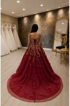 NIL-NS-263 Crimson Red Royal Crystal Ball Gown Engagement Dress - Back View