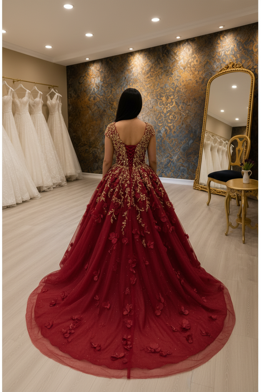 NIL-NS-263 Crimson Red Royal Crystal Ball Gown Engagement Dress - Back View