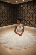 NIL-260 Krystal Cross-Strap Ballgown - Seated Pose