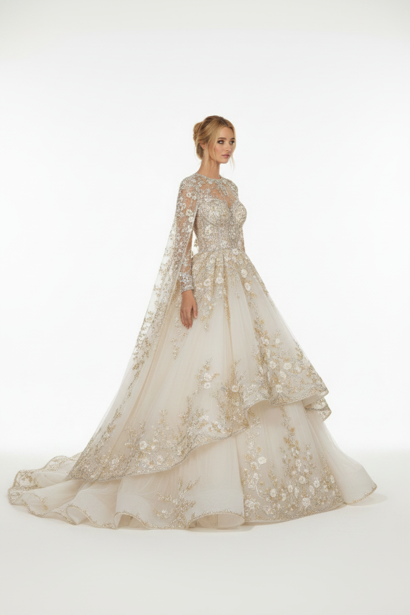 NNC-109 Ivory أميرة Cape فستان عروس - Three-Quarter منظر