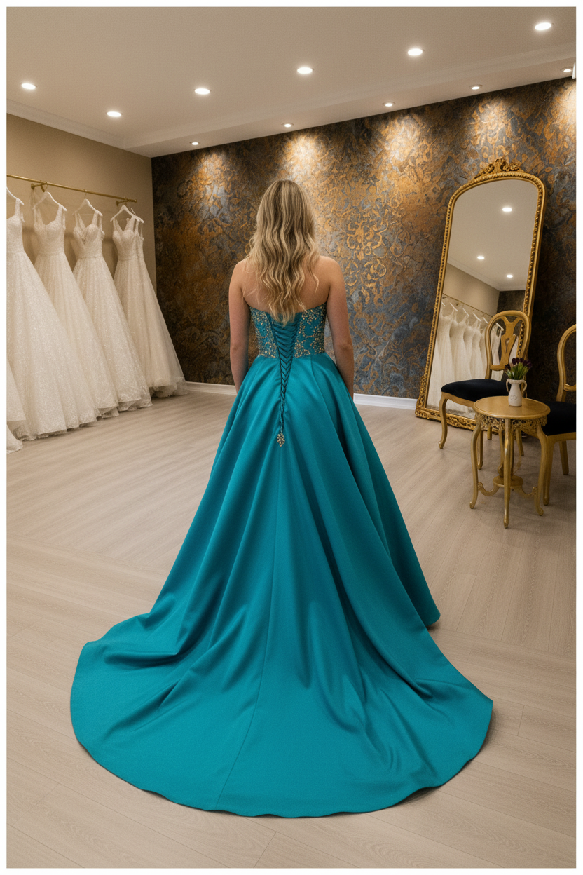 NIL-NS-258 Teal Turquoise Gold 3D Floral Crystal A-Line Engagement Dress - Back View