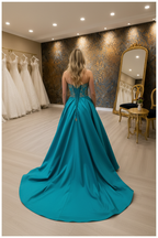 NIL-NS-258 Teal Turquoise Gold 3D Floral Crystal A-Line Engagement Dress - Back View