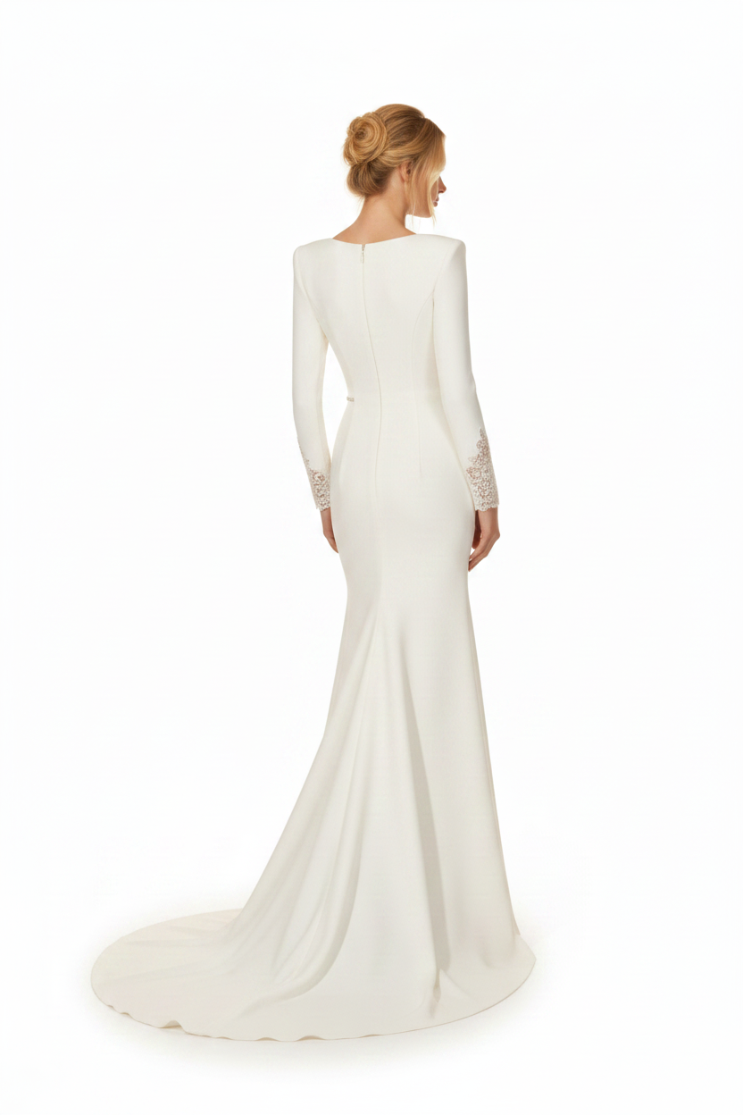 NNC-108 Cream nowoczesny Syrena suknia ślubna - widok z tyłu z Chapel tren