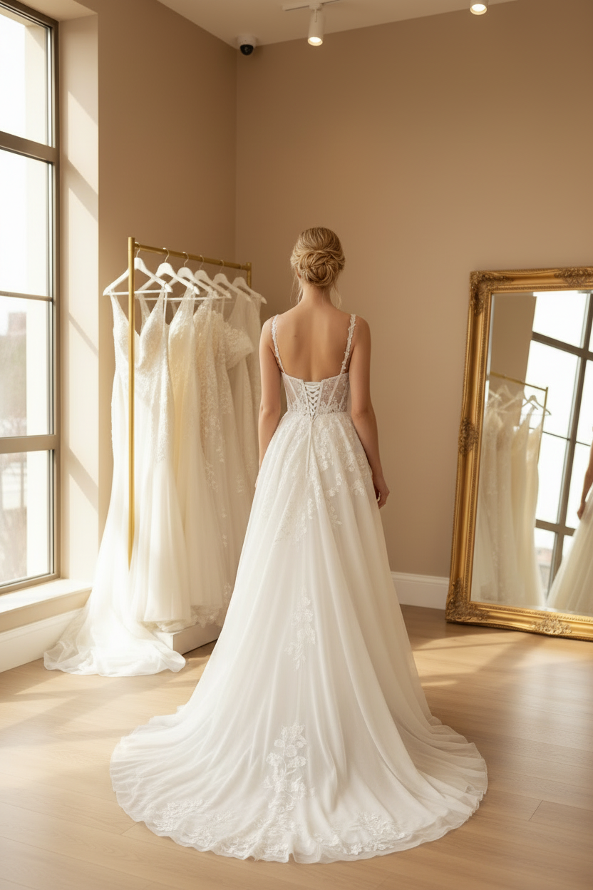 NIL-039 romantico Linea ad A pizzo abito da sposa vista posteriore NO velo by NIL Abito da sposa