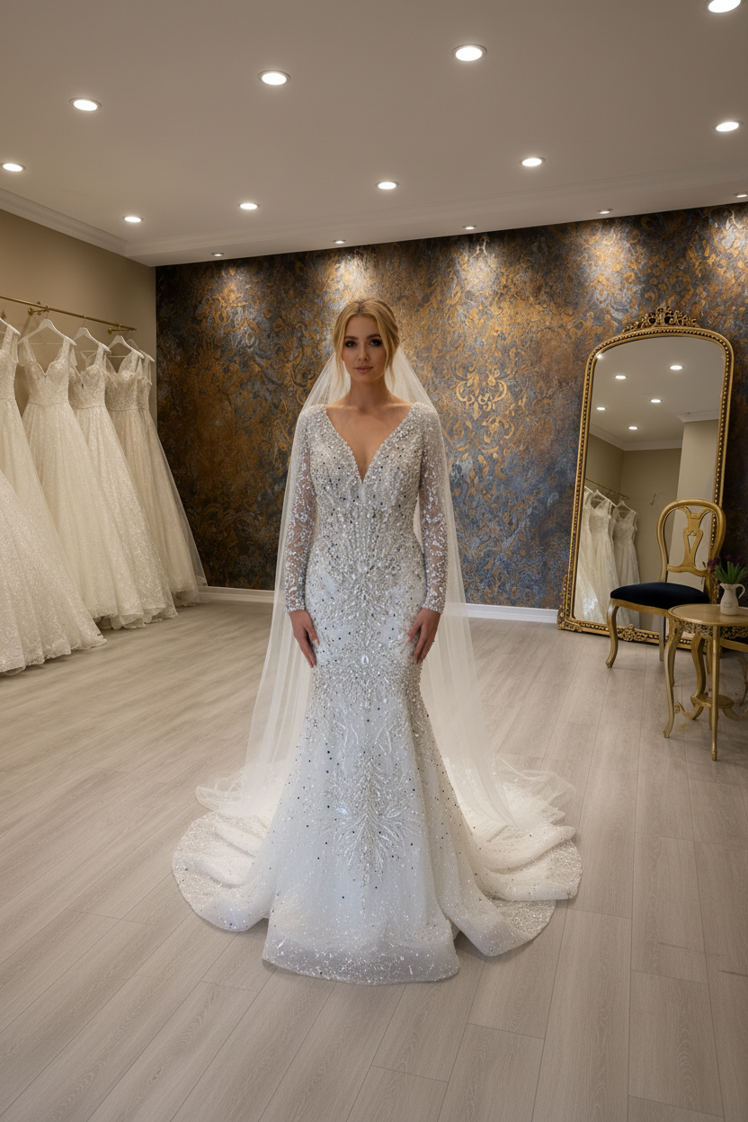 NIL-253 – Kristal İnci & Sapphire Bead Balık model Gelinlik ile Katedral duvak | Deep V Neck | Uzun kollu | Gulf Couture