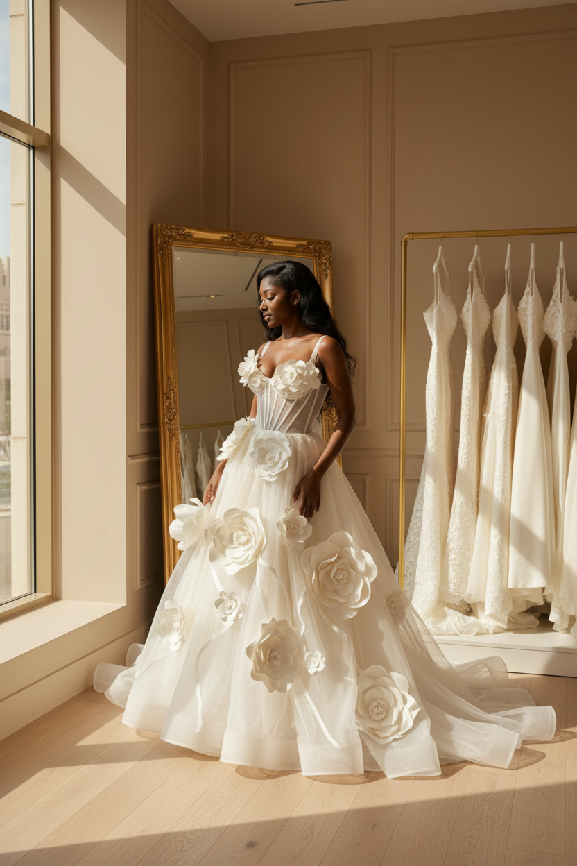 NIL-087 Oversized Floral Appliqué Gown – Corner/Diagonal View