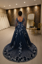 NIL-NS-243 Navy Blue Sapphire Crystal Ball Gown Engagement Dress - Back View