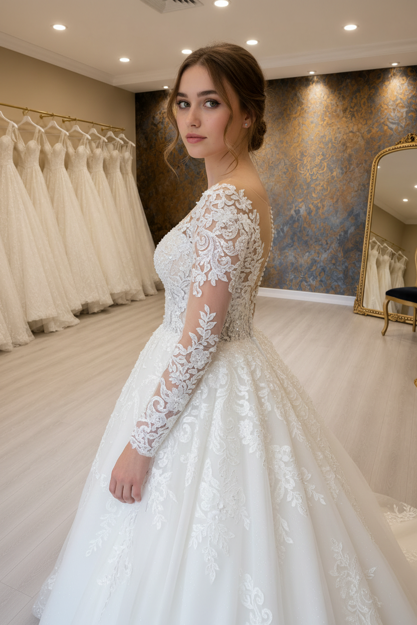 NIL-262 3D Lace Applique Ballgown - 3/4 Diagonal View