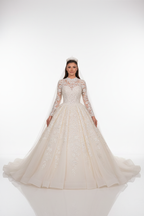 NIL-123 soft ivory princess ball gown front view with crystal beading high neckline by NIL Wedding Dress