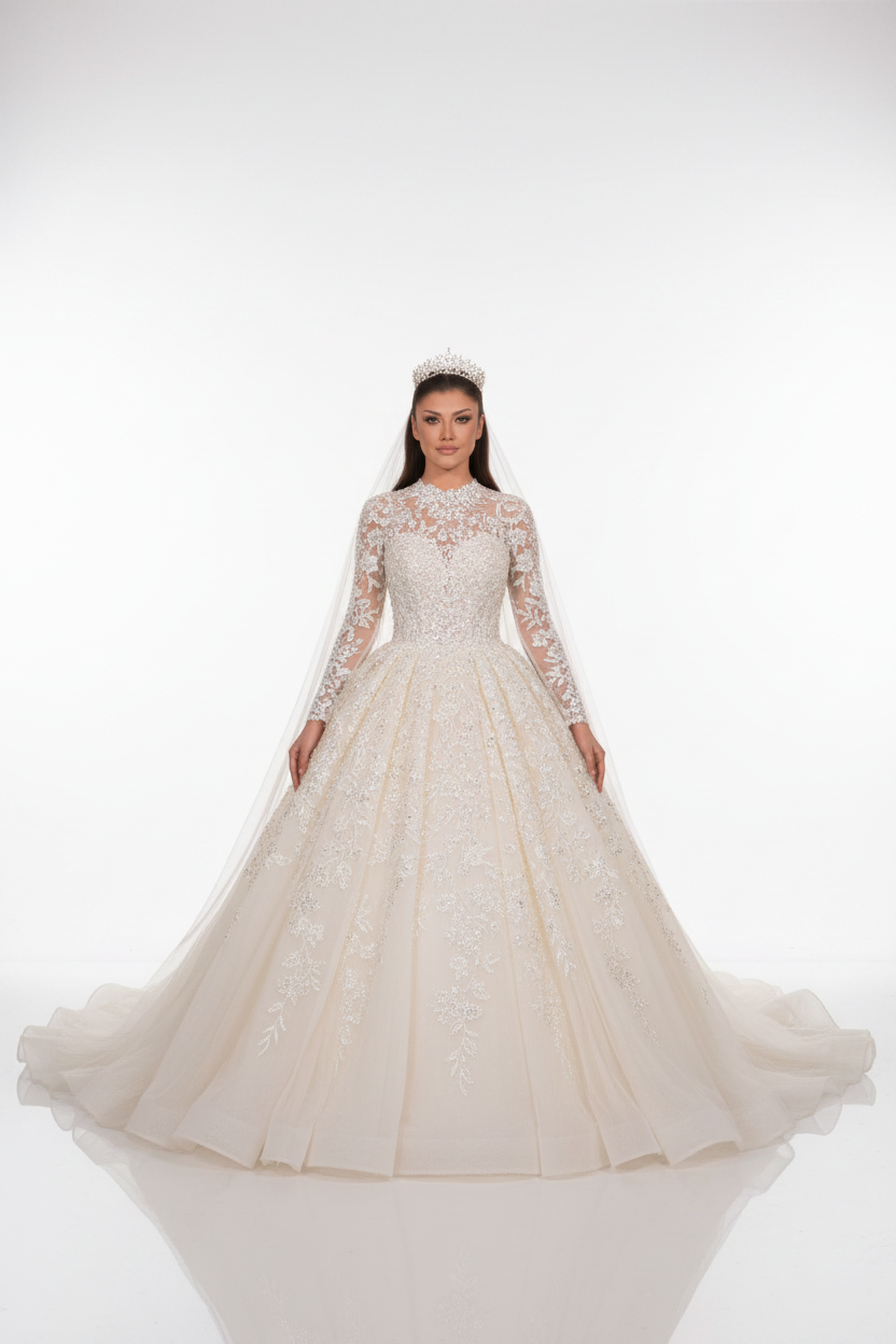 NIL-123-SOFT-IVORY-PRINCESS-BALL-GOWN-WEDDING-DRESS-CRYSTAL-LACE-HIGH-NECKLINE-LONG-SLEEVE-CRYSTAL-PEARL-BEADING-NATURAL-WAIST-CATHEDRAL-TRAIN-ROYAL-MODEST--GULF-HIJAB-FRIENDLY-FRONT-VIEW