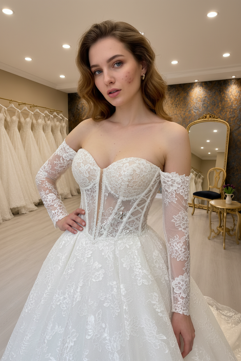 G21-266 Off-Shoulder Transparent Corset Lace Ballgown Wedding Dress