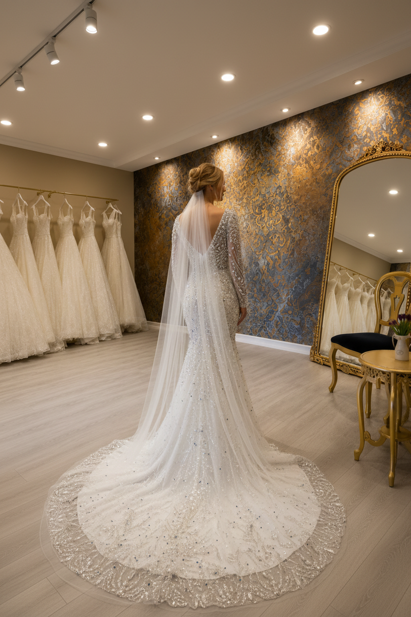 NIL-253 Crystal Pearl Mermaid Gown – Back View, Cathedral Train