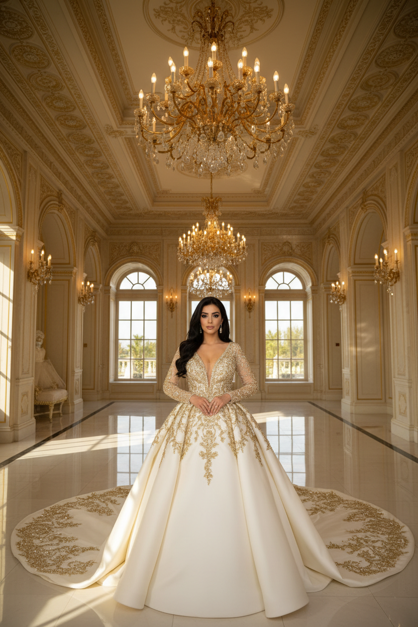 NIL-090 ملكي Ivory فستان زفاف أميرة منفوش – منظر أمامي