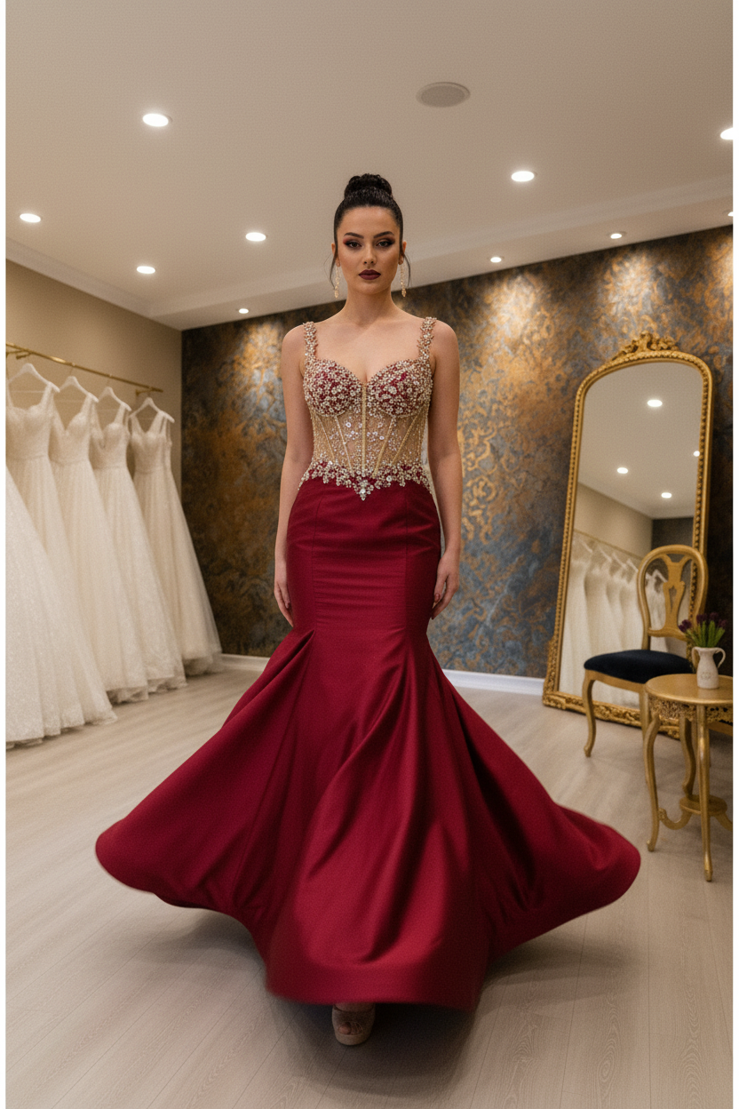 G21-NS-259 Crimson Red Gold Crystal Mermaid Engagement Dress