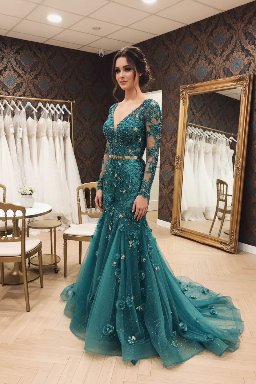 G21-NS-116 Teal Turquoise Gold Crystal Fit-and-Flare Engagement Dress