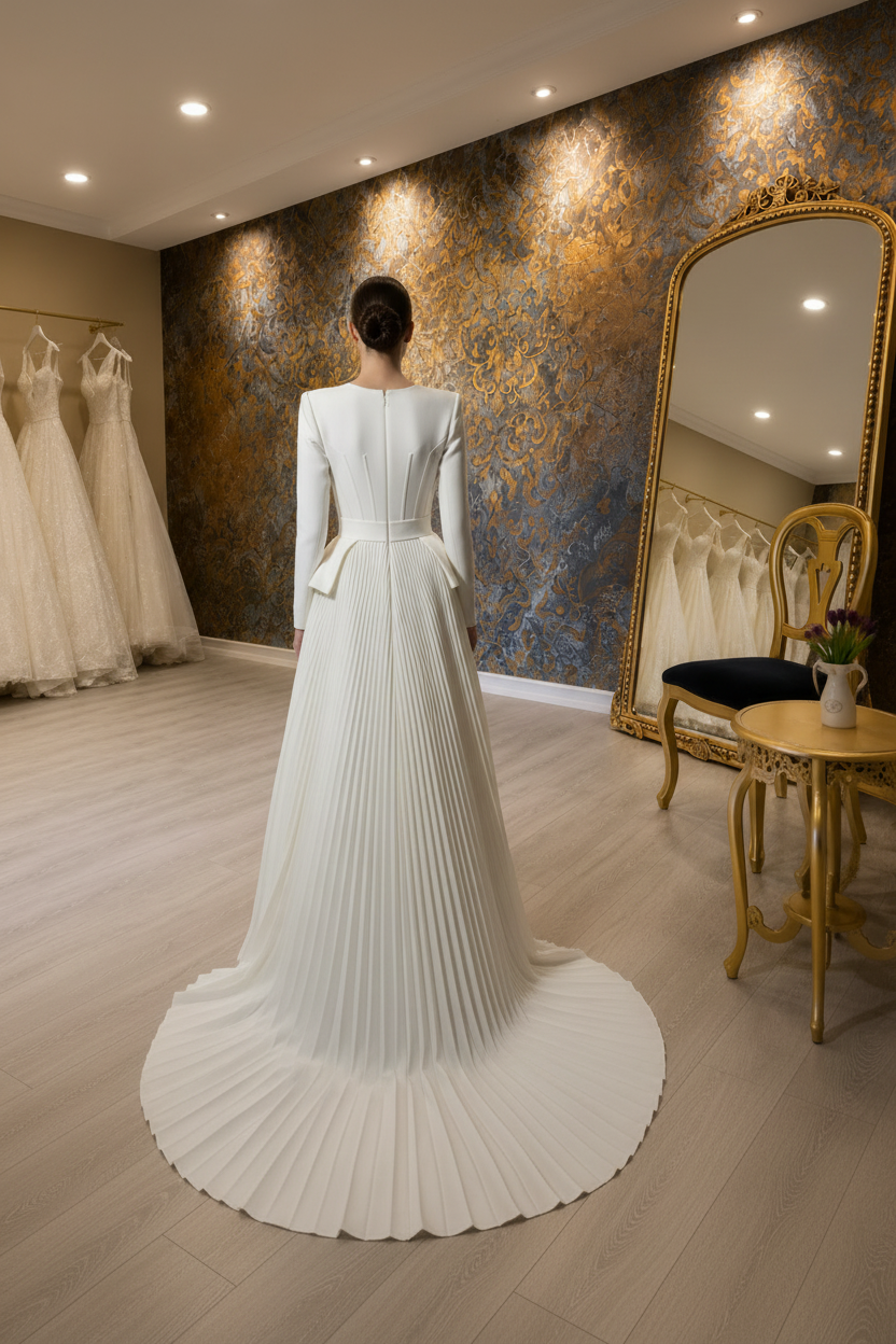 NIL-085 Pleated Mikado Couture Brautrobe – Rückansicht