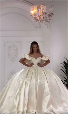 G21-031 – Ball Gown Voluminous Ivory Off-Shoulder Puff Sleeve Jacquard Minimalist Chapel Train Princess Style Wedding Dress