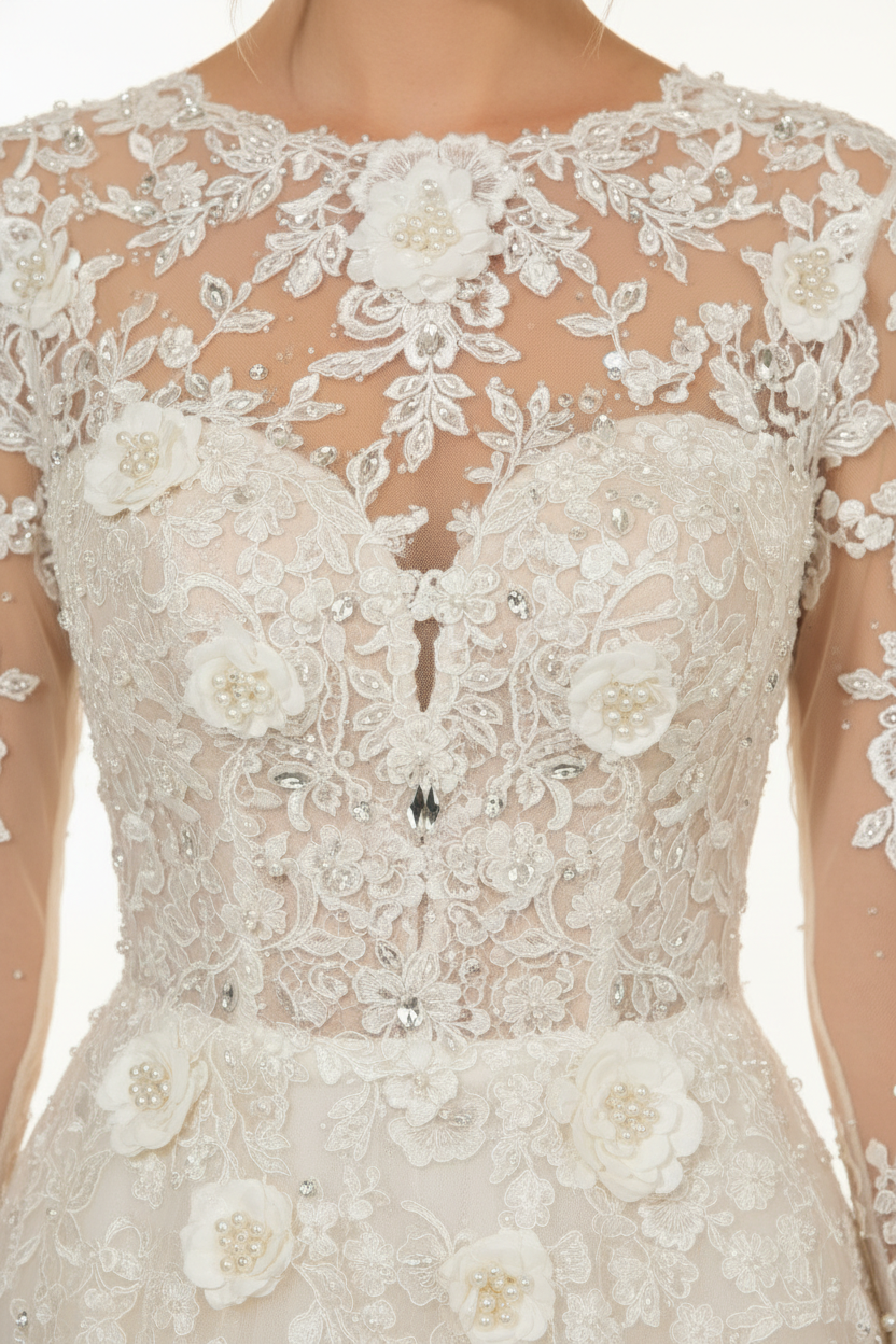 NNC-106 Ivory دانتيل Bodice Detail مع لؤلؤ Beading