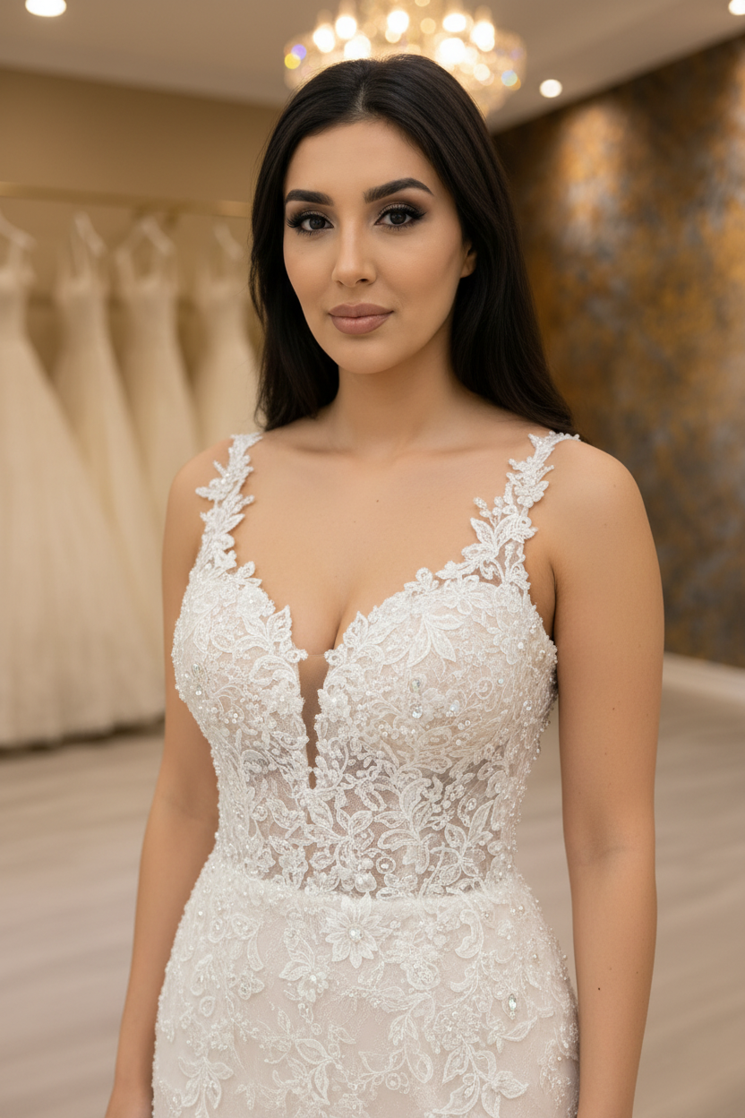G21-002 Soft Ivory Mermaid Fit And Flare Couture Gown | Beaded Lace | Sweetheart Neckline | Sleeveless | Crystal Embroidery | Beaded Train
