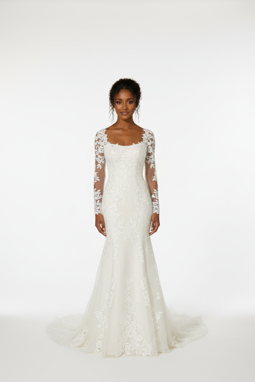 G21-148 Soft-Ivory-Fit-and-Flare-Wedding-Dress-Square-Neckline-Transparent-Lace-Sleeve-Lace-Applique-Natural-Waist-Chapel-Train-Gulf-Luxury-Front-View