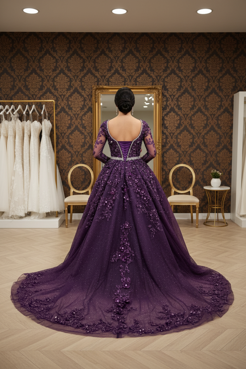 NIL-NS-238 Deep Purple Amethyst Crystal Ball Gown Engagement Dress - Back View