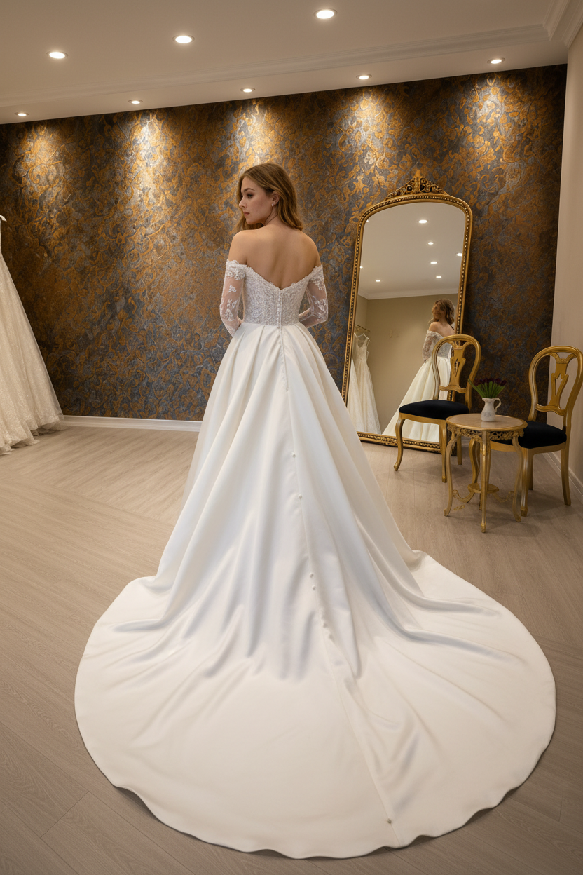 NIL-265 Off-Shoulder raso Ballgown - vista posteriore