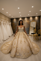 NIL-NS-267 Gold Champagne Royal Crystal Ball Gown Engagement Dress - Front View