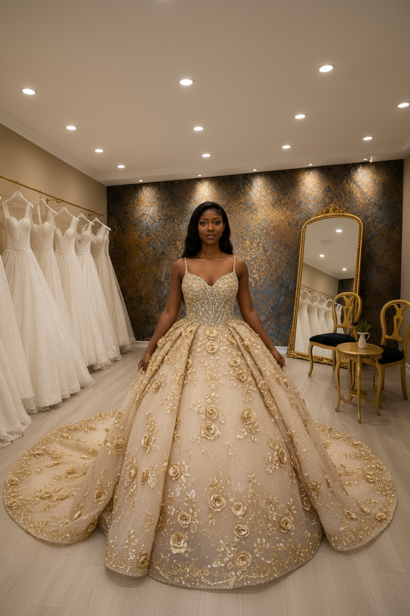 G21-NS-267 Gold Champagne Royal Crystal Ball Gown Engagement Dress — Gulf Edition