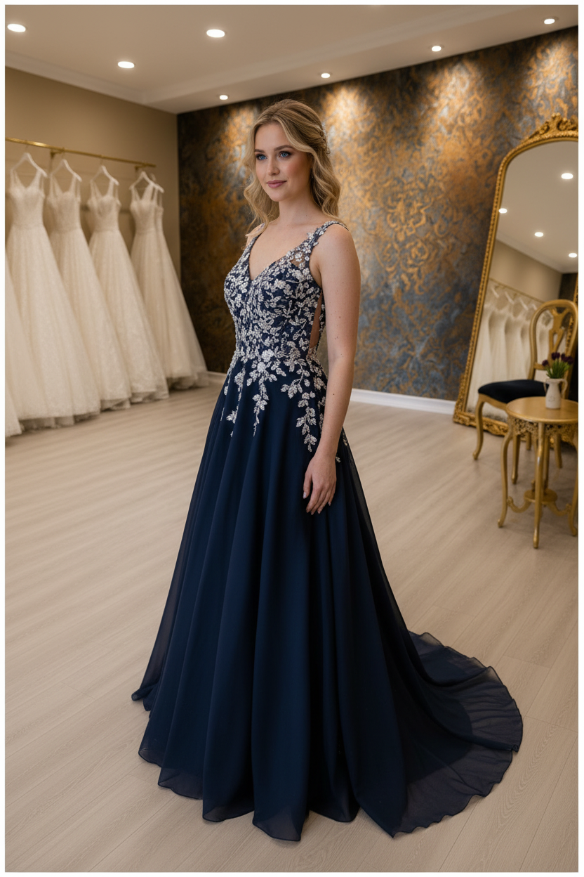 G21-NS-252 Navy Blue Silver 3D Floral Pearl A-Line Engagement Dress