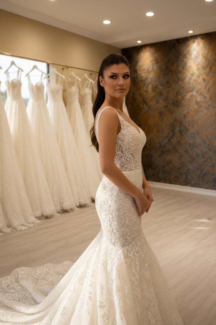 NIL-038 Soft Ivory Mermaid Crystal Lace Gown Close-Up Diagonal View