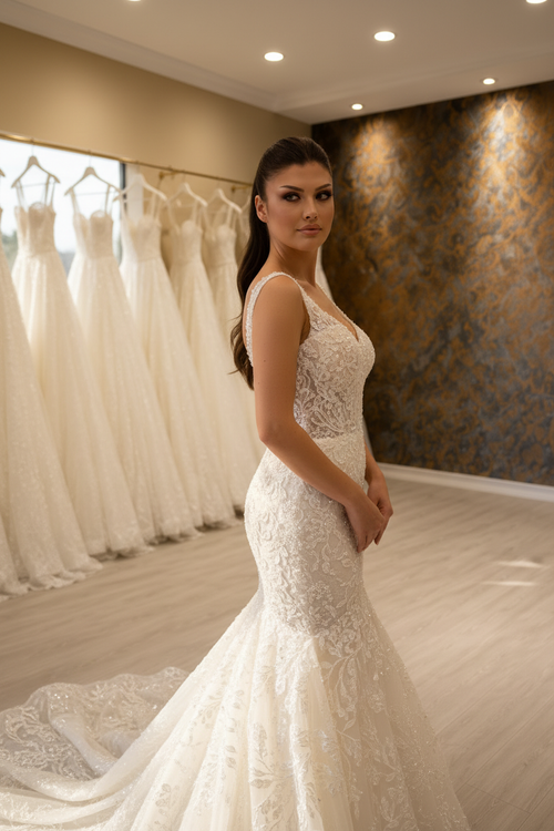 NIL-038 Soft Ivory Mermaid Crystal Lace Gown Close-Up Diagonal View
