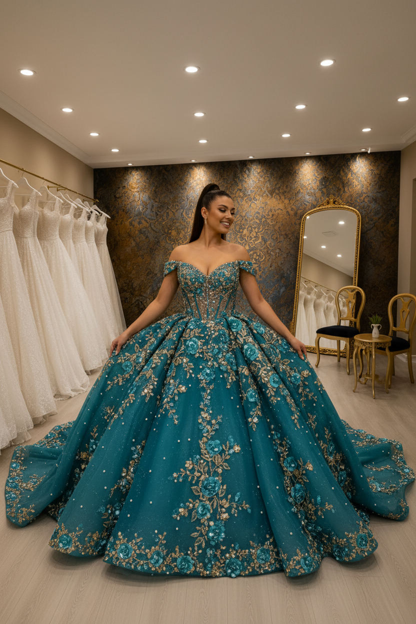 G21-NS-270 Teal Turquoise Royal Crystal Ball Gown Engagement Dress — Gulf Edition