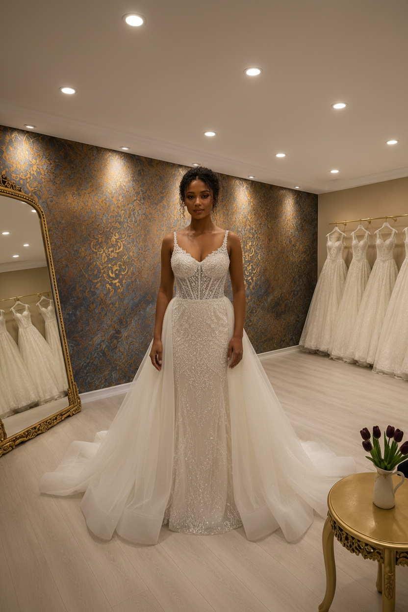 NIL-037 – Yumuşak Fildişi 2 in 1 Couture Gelinlik | Vücuda Oturan Balık Kesim Inner Dress | Çıkarılabilir Tül Overskirt | Dantel Korse | Kristal Boncuk İşleme | Körfez Lüks Gelinlik