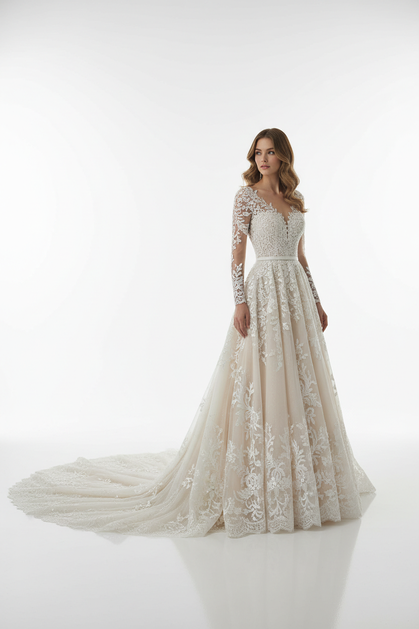 NIL-135-CHAMPAGNE-IVORY-A-LINE-WEDDING-DRESS-BEADED-LACE-HIGH-NECKLINE-LONG-SLEEVE-CRYSTAL-PEARL-EMBROIDERY-NATURAL-WAIST-ROYAL-TRAIN-TIMELESS-MODEST--GULF-HIJAB-FRIENDLY-FRONT-VIEW