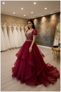 NIL-NS-251 Crimson Red Crystal Princess Ball Gown Engagement Dress - Front View