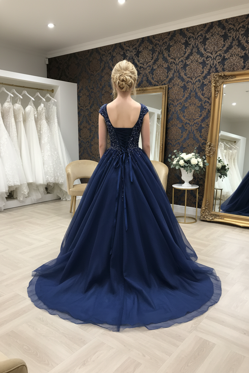 NIL-NS-244 Navy Blue Silver Crystal Ball Gown Engagement Dress - Back View