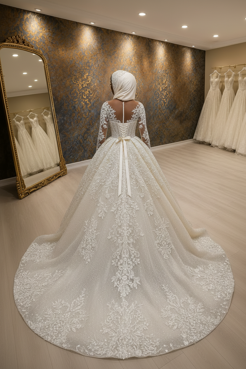 NIL-024 Champagner Ivory Königlich Prinzessinnen-Ballkleid Rückansicht by NIL Brautkleid