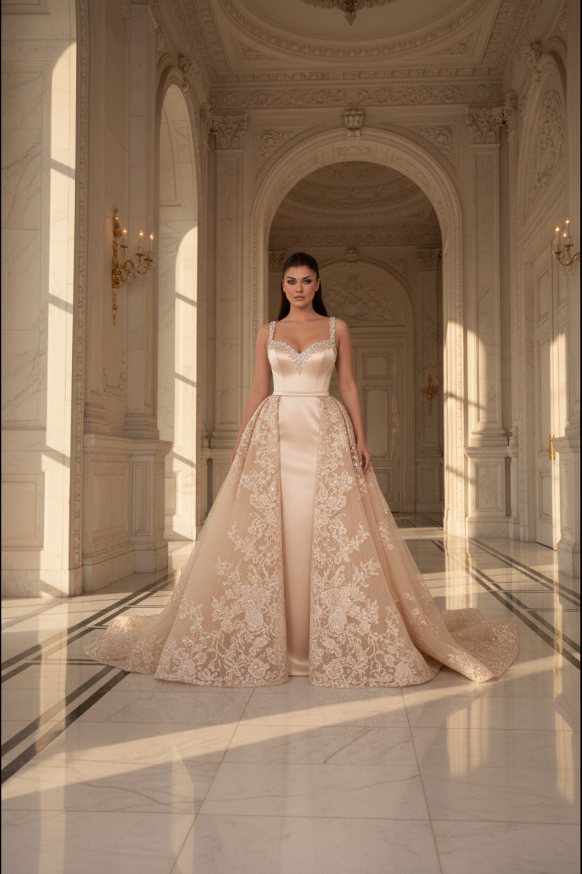 NIL-117 champagne Detachable Overskirt Brudekjole – Editorial visning