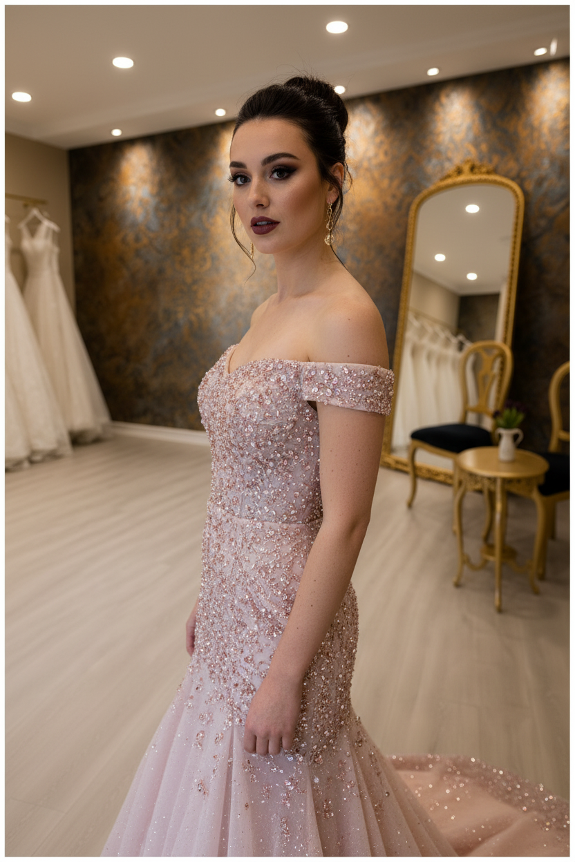 G21-NS-249 Dusty Rose Pearl Crystal Fit-and-Flare Engagement Dress