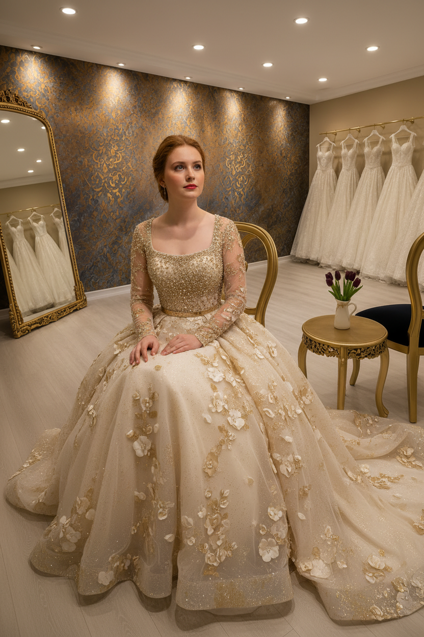 G21-NS-242 Gold Champagne Fit and Flare Crystal Dress