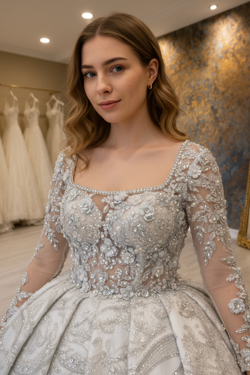 NIL-269 3D Kristall Floral Ballgown - Square Ausschnitt & Bodice Detail