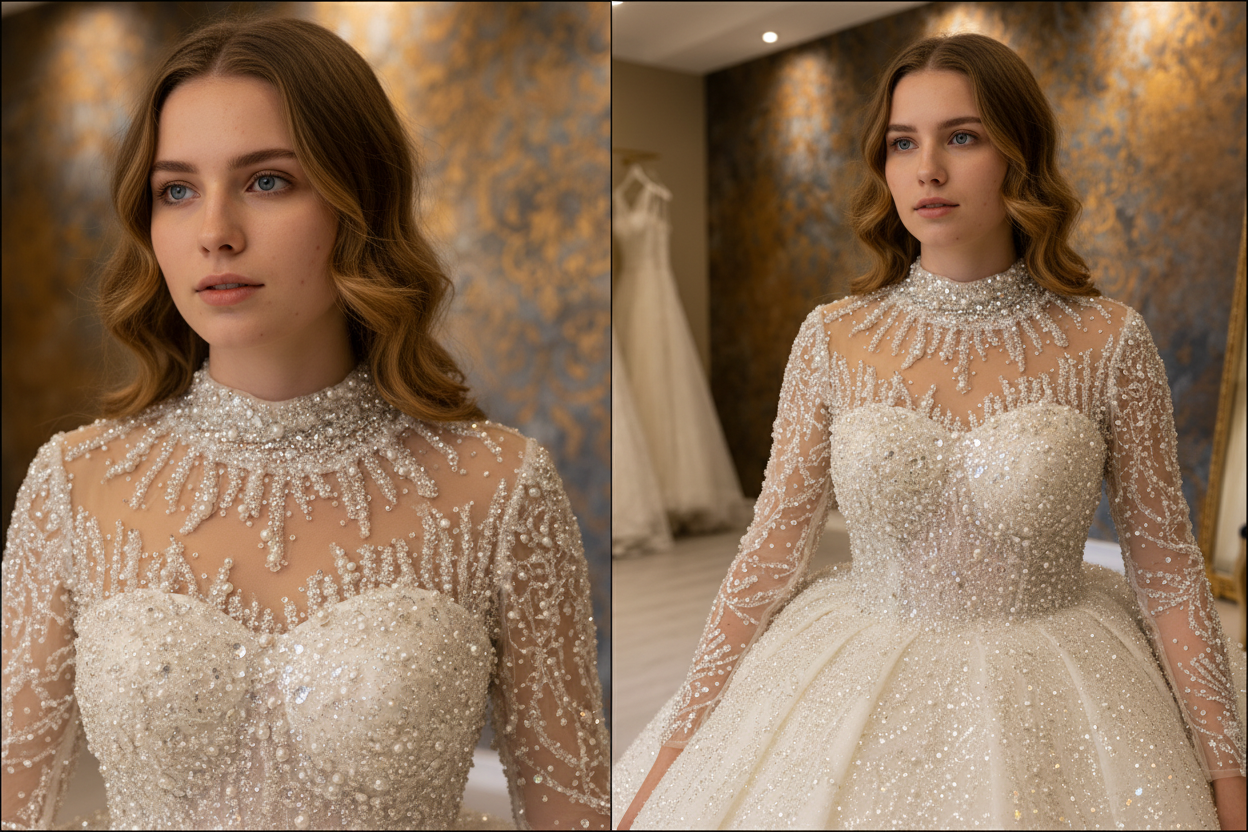 NIL-270 كريستال Illusion Ballgown - خط العنق & Bodice Detail Collage