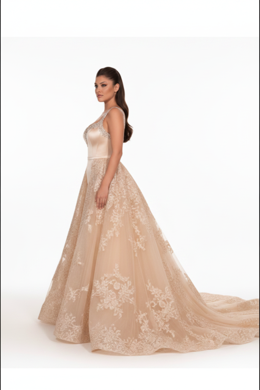 NIL-117 champagne Detachable Overskirt Brudekjole – sidevisning
