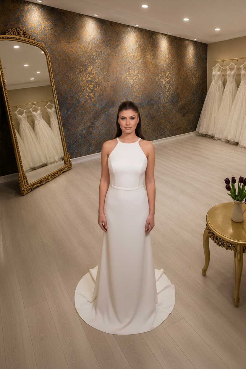 NIL-059 Sleek Halter Neck Satin Crepe Bridal Gown – Front View